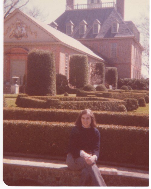 Here is my dual personality in a Williamsburg garden when she visited me during her spring break at Smith.