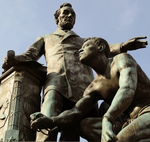 The Freedmen's Memorial Monument to Abraham Lincoln in Washington D.C.  Frederick Douglass was the keynote speaker at the dedication service on April 14, 1876, with President Ulysses S. Grant in attendance. 