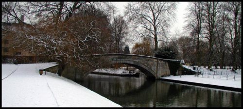 Looking south, down the River Cam, is Simeon's Bridge. In 1816 Simeon financed the major portion of this bridge connecting King's College property on both sides of The Backs. This is also the river into which Simeon threw a guinea (coin) as a self-prescribed punishment for not rising at the hour to which he had committed himself for Bible reading and prayer.