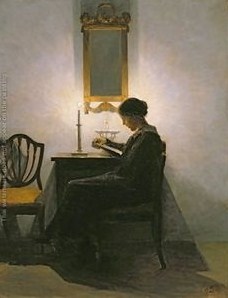 Peter Vilhelm Ilsted (Danish artist, 1861-1933) Woman Reading by Candlelight 2