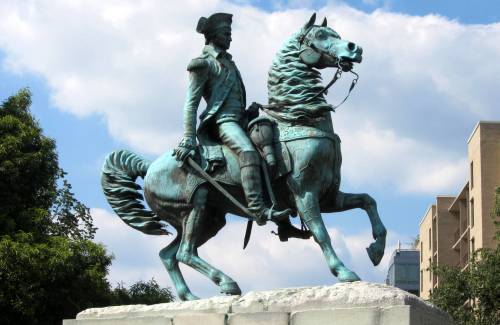 Equestrian statue of Gen. Washington in Washington D.C., executed by sculptor Clark Mills, and dedicated on February 22, 1860 by President Buchanan.