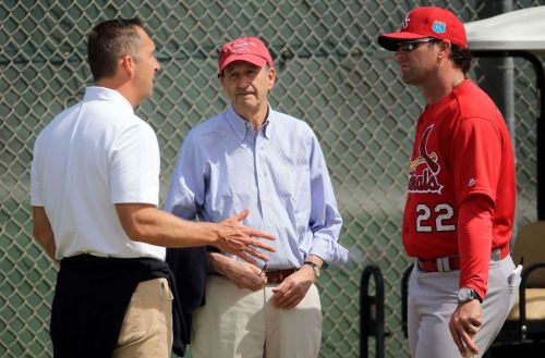 John Mozeliek, Bill DeWitt and Mike Matheny in Jupiter, FL (photo Steve Mitchell-USA TODAY Sports)