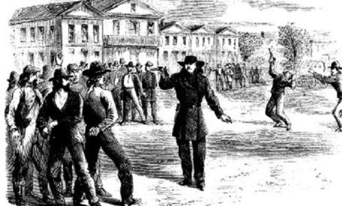 Wild Bill Hickok threatens the friend of Davis Tutt after defeating Tutt in a duel, in an illustration from Harper’s New Monthly Magazine, February 1867.